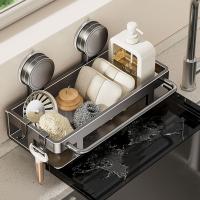 Soporte para esponja y plato con ventosa de aluminio espacial, estante de drenaje para fregadero impermeable sin perforaciones, a prueba de polvo con bandeja de agua - details 1