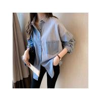 Camisa De Larga Manga Para Mujer En Vaquera Suelta Con Cuello En V Azul Oscuro Estilo Coreano Para Otoño Blusa De Algodón - details 2
