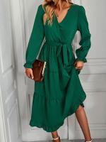 Vestidos largos informales para mujer, Vestido de manga larga con cuello en V y cintura alta, rojo burdeos S - details 12