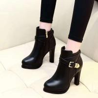 Botas cortas con cremallera para mujer, tacones finos, hebilla con cabeza redonda en el tobillo, estilo femenino elegante - details 4