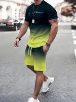 Hombres de dos piezas de color degradado monograma traje casual cuello redondo camiseta de manga corta con pantalones cortos de moda y cómodo - details 4