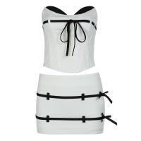 BUNO-Conjunto de vestido de mujer en contraste de color, conjunto de 2 piezas ajustado con vendaje de retazos, tops de tubo sin mangas, minifaldas de cintura media - details 9