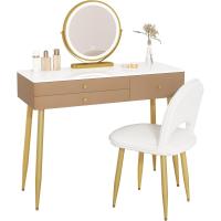 Tocador Maquillaje con Espejo de Luz Regulable en 3 Niveles, Tocador con 3 Cajones, Escritorio Grande 100x40 cm, Silla Ajustable en Respaldo de Terciopelo, Blanco+Crema+Dorado, MB6105ws - details 9