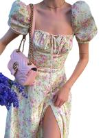 Meihuda Vestido largo de escuela secundaria con estampado de pastizales y manga corta esponjosa, con encaje en el pecho, nuevo - details 0
