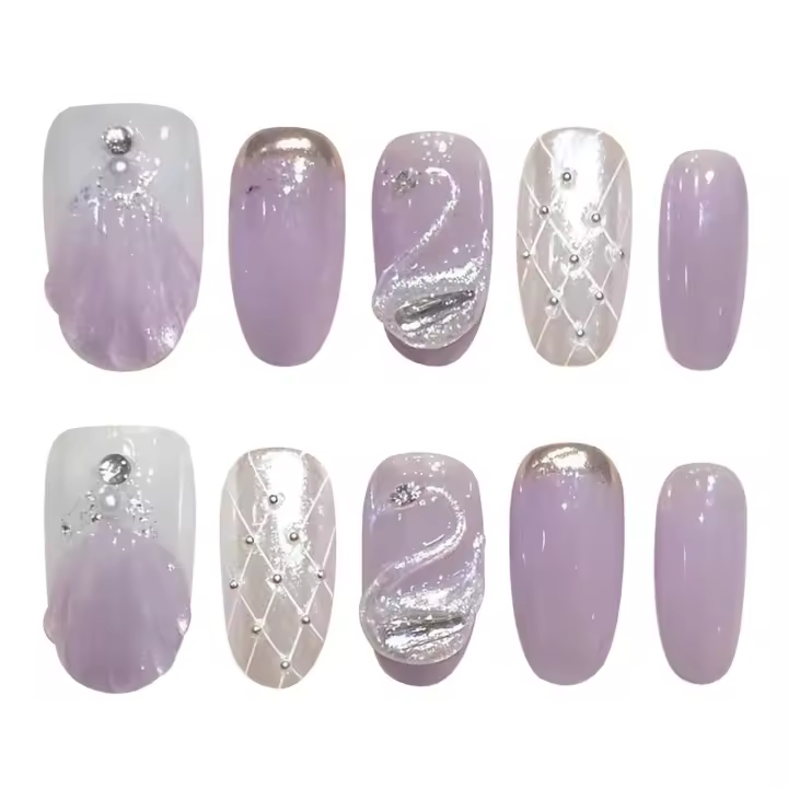 Uñas postizas cortas redondas de terciopelo morado y blanco con diseño 3D de cisne para mujeres y niñas estilo dama con ojos de gato - 1