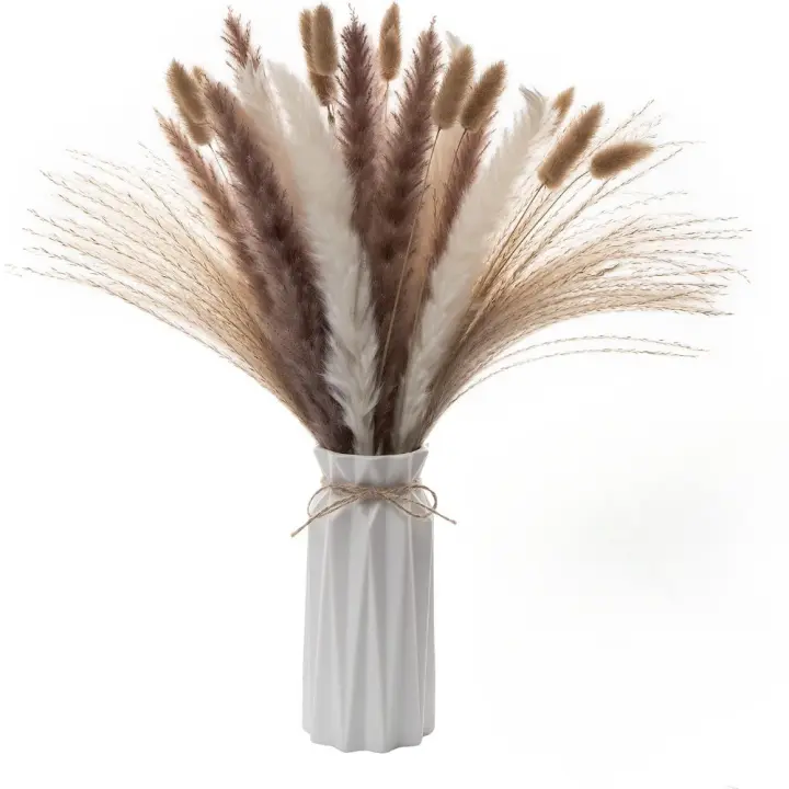 Decoración de Pampas Secas con Jarrón 44 Piezas Naturales Blancas y Marrones, Cañas, Colas de Conejo Ideal para Boda y Hogar - 1