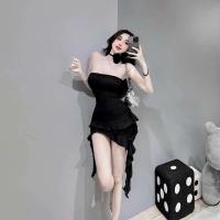 Vestido Negro sin Correas de Moda de Verano Vestido de Manga Irregular con Volantes para Mujeres - details 4