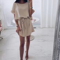 Vestido de poliéster de manga corta para mujer, jersey de cuello redondo, suelto, fajas, sólido, moda de oficina, Verano - details 11
