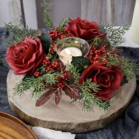 Corona de vela navideña de flores artificiales, anillos de vela románticos de 30CM, suministros de fiesta de rosas rojas, corona de candelabro, decoración navideña - details 7
