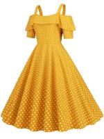 Vestido de fiesta Vintage elegante con hombros descubiertos, vestidos Midi de línea A con volantes y lunares de verano para mujer - details 41