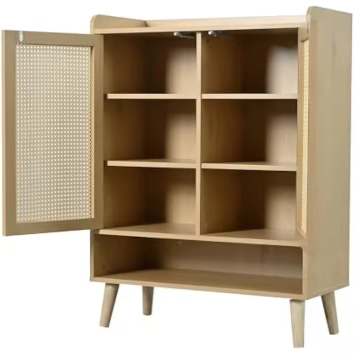 Zapatero de ratán natural, zapatero con 2 puertas y 5 estantes, para el pasillo. Con asas de madera y patas de madera maciza. - 1