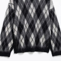 Moda mujer 2024 Otoño e Invierno nuevo jersey de punto a cuadros de diamantes casual suelto cuello redondo manga larga jersey cálido - details 2