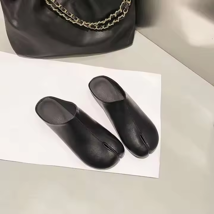 Xinziyu Zuecos de madera suave con zapatos planos de mujer estilo Tabi de cuero de color sólido dividido - 1