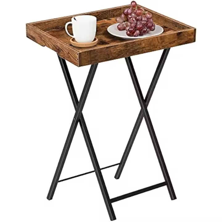 HOOBRO Mesa Auxiliar con Bandeja, de Sofá Plegable con Bandeja Extraíble de Madera, Mesa de Café de Estilo Vintage con Estructura Metálica, Estilo Industrial Contemporáneo, Marrón Rústico EBF29BZ01 - 1
