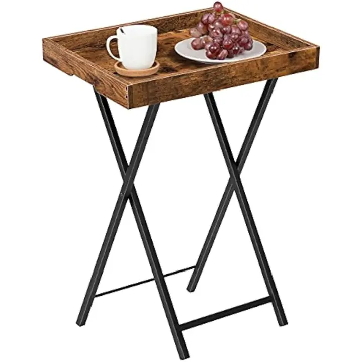 HOOBRO Mesa Auxiliar con Bandeja, de Sofá Plegable con Bandeja Extraíble de Madera, Mesa de Café de Estilo Vintage con Estructura Metálica, Estilo Industrial Contemporáneo, Marrón Rústico EBF29BZ01 - 1