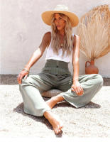 Pantalones de algodón y lino para mujer, pantalón de color liso y lino elástico, pantalones de pierna sueltos y casuales - details 1