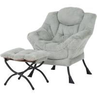 Silla perezosa con otomana, silla moderna con reposabrazos y bolsillo lateral, sillón de lectura con reposapiés para espacios pequeños, color verde afelpado - details 0