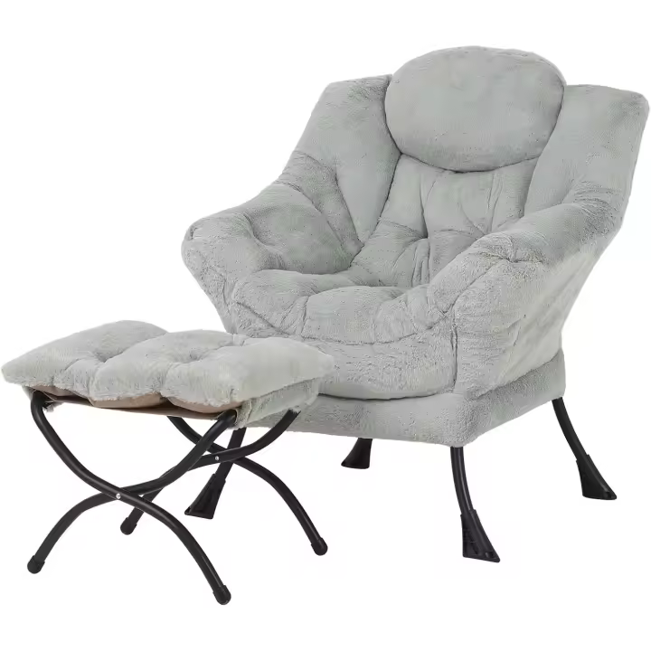 Silla perezosa con otomana, silla moderna con reposabrazos y bolsillo lateral, sillón de lectura con reposapiés para espacios pequeños, color verde afelpado - 1