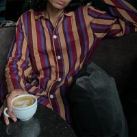 Conjunto de 2 piezas de blusa de manga para hombre y mujer, camisa y pantalones largos con estampado de rayas vintage, ropa de estar por casa - details 2