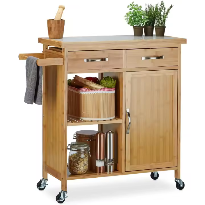 Cocina con Encimera de Bambú y Mármol 4 Ruedas, Cajones, Estilo Cocina Island - 1