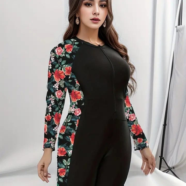 Traje de baño deportivo de una pieza, talla grande, para mujer, con bloque de color, cremallera - 1