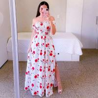 Elegante Vestido Midi de Hombros Descubiertos para Mujer 2024 Cintura Alta, Manga Corta, Estampado, Moda de Verano - details 10