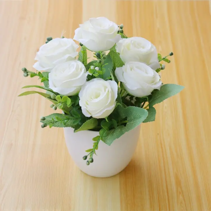 Rosa de simulación, planta Artificial en maceta, adorno de plantas falsas Multicolor de plástico, plantas falsas, bonsái de flores de imitación para exteriores - 1