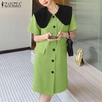 ZANZEA moda verano cuello de solapa vestido veraniego de manga corta Vestidos de oficina para mujer 2025 Casual Patchwork Vestidos de vacaciones bata Mujer - details 5