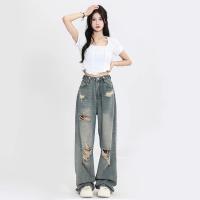 Agujero de las mujeres jeans ahuecados retro, tubo recto de entrepierna recta de cintura alta, diseño suelto y ajustado, piernas anchas y pantalones pull-up de piernas anchas resaltan la atmósfera de la calle principal - details 2