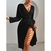 Elegante albornoz de satén para mujer, color sólido, comodidad sedosa con cinturón, ropa de dormir larga hasta la rodilla - details 9