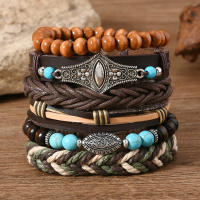 Conjunto de 6 pulseras boho madera cuentas vintage cabeza de toro ojos plumas multicapa artesanales regalos para hombre - details 1
