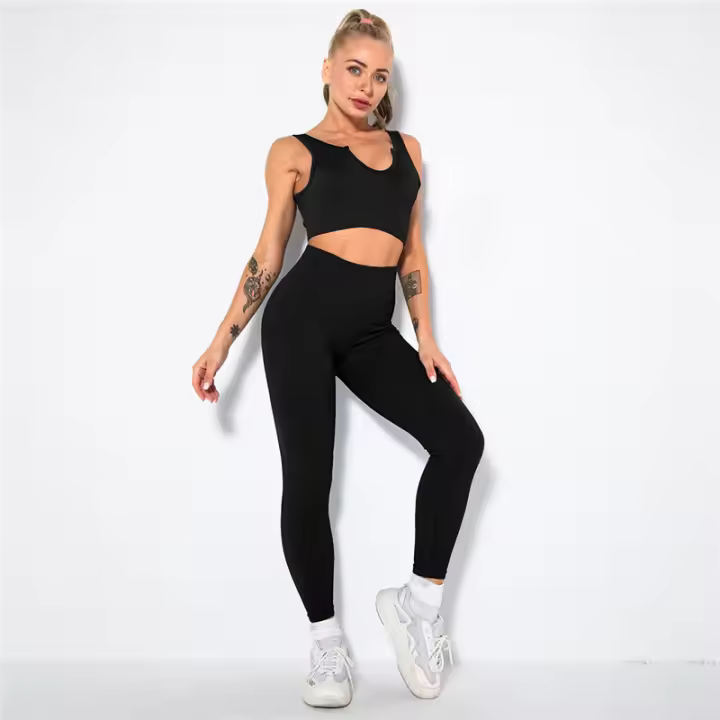 Conjunto de Yoga sin costuras para mujer, camisas de entrenamiento, pantalones deportivos, sujetador, trajes de gimnasio, Leggings de cintura alta para correr, Fitness, ciclismo, pantalones de Yoga - 1