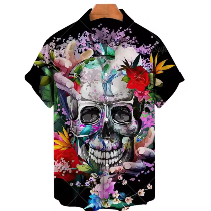 Camisa Hawaiana de Playa Diseño Retro Informal con Estampado de Calavera 3D - 1
