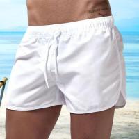 Pantalones cortos de surf de playa para hombre, cintura elástica de tiro bajo, cordón, ribete lateral irregular transpirable, traje de baño, verano - details 13