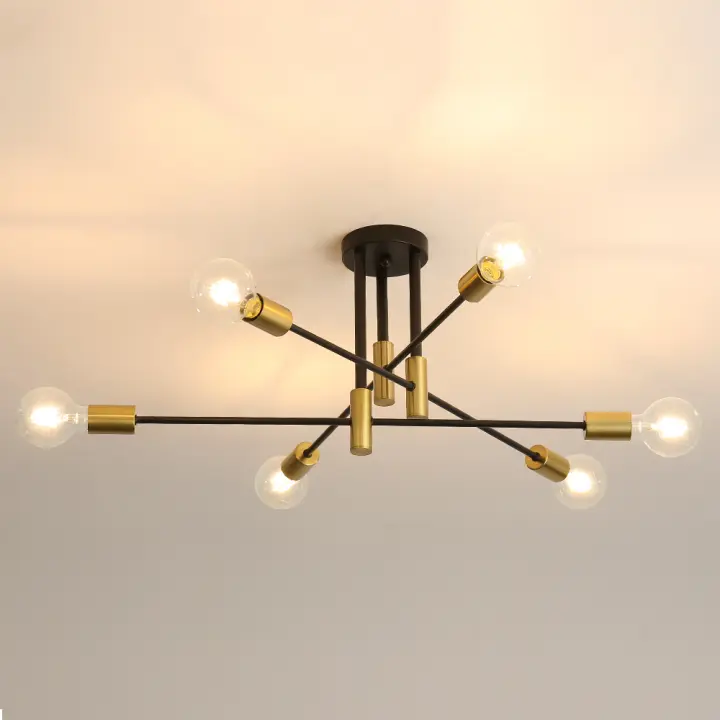 Lámpara de Araña para Techo Industrial 60W GLAMARIS, 6 Cabezales, Hierro Forjado Negro y Dorado, E27 Sin Bombilla, Iluminación Interior Retra para Sala de estar,  71*71*32 CM - 1