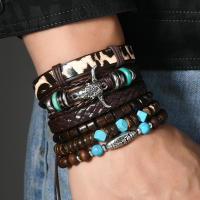 Conjunto de 6 pulseras boho madera cuentas vintage cabeza de toro ojos plumas multicapa artesanales regalos para hombre - details 16