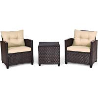 Conjunto de jardín exterior de ratán de 3 piezas, 1 mesa auxiliar de vidrio templado y 2 sillas con cojines, muebles de jardín terraza balcón exterior (negro) - details 15