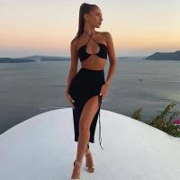 Falda Irregular con abertura ajustada para mujer, falda acampanada plisada de cintura alta elástica, faldas largas fruncidas lisas Retro americanas de verano - details 2