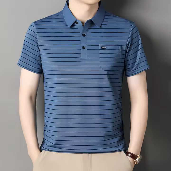 Novedad de verano, camiseta de manga corta para hombre, moda a rayas, solapa informal, bolsillo real, polo para mediana edad y ancianos - 1