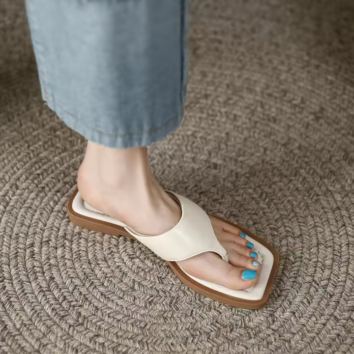 Zapatillas planas de tanga con punta cuadrada francesa para mujer, sandalias de playa exteriores de verano - 1