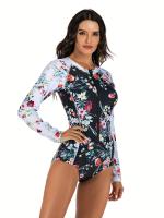 Traje de baño de una pieza con estampado floral de manga larga, traje de buceo con cierre frontal con cremallera y cuello alto - details 1