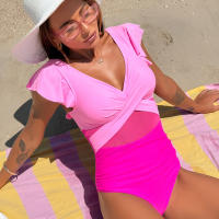 New Clashing One-piece Swimming Costume Small Fly Sleeve Bikini Women Quick Dry Sports Deep V Cross Hollow One-piece Swimsuit - details 1