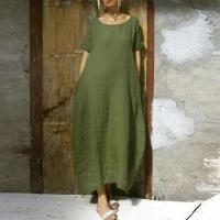 Vestido largo casual de verano para mujer, manga corta, cuello redondo TRE, bolsillos, largo hasta el tobillo - details 0