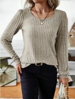 Suéter de Manga Larga para Mujer Jersey Informal a Rayas Verticales, Holgado, Color Sólido, Cuello Redondo, Moda de Otoño 2025 - details 5