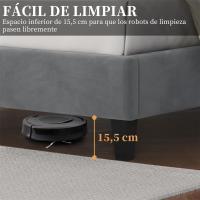 Marco de cama con cabecera tapizada, altura ajustable, soporte de láminas de madera y patas metálicas, color gris oscuro. - details 22
