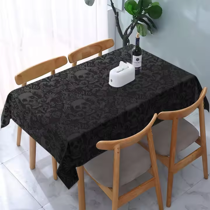 Funda de poliéster lavable rectangular con esqueleto gótico negro, mantel de cocina, fiesta, picnic, decoración de restaurante - 1