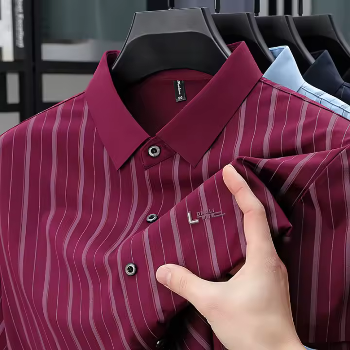 Camisa corta de verano con rayas elásticas, estampado fino informal de negocios sin permanente, camisa de media manga de mediana edad, ropa para hombre - 1