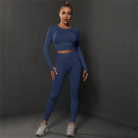 Conjuntos de gimnasio para mujeres 2 piezas manga larga ropa de yoga top cropped costilla alta leggings sin costuras material elástico para primavera/verano - details 30