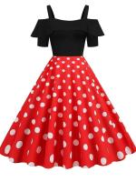 Vestido de fiesta Vintage elegante con hombros descubiertos, vestidos Midi de verano con lunares y volantes para mujer - details 10