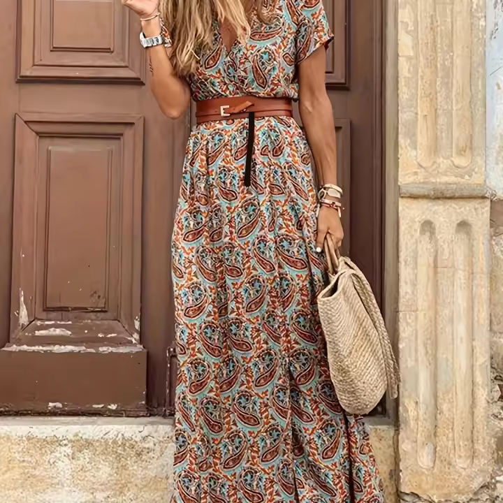 Elegante Vestido Floral Largo Cuello en V, Cinturón, Tejido de Punto, Fácil de Mantener, Ropa de Verano para Mujeres - 1